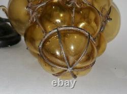 LG Antique Hanging Light Fixture AMBER Hand Blown Glass Murano Seguso Wire Caged