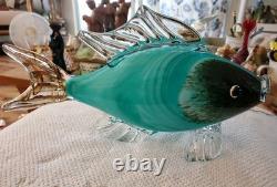 Large 13x 7 Murano Style Hand Blown Art Glass Fish Figure Multicolor Teal EUC