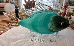 Large 13x 7 Murano Style Hand Blown Art Glass Fish Figure Multicolor Teal EUC