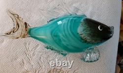 Large 13x 7 Murano Style Hand Blown Art Glass Fish Figure Multicolor Teal EUC
