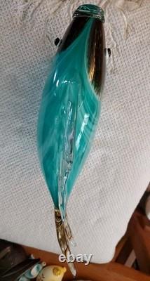Large 13x 7 Murano Style Hand Blown Art Glass Fish Figure Multicolor Teal EUC