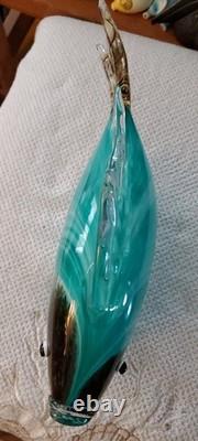 Large 13x 7 Murano Style Hand Blown Art Glass Fish Figure Multicolor Teal EUC