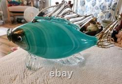 Large 13x 7 Murano Style Hand Blown Art Glass Fish Figure Multicolor Teal EUC