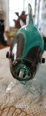 Large 13x 7 Murano Style Hand Blown Art Glass Fish Figure Multicolor Teal EUC