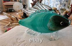 Large 13x 7 Murano Style Hand Blown Art Glass Fish Figure Multicolor Teal EUC
