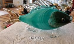 Large 13x 7 Murano Style Hand Blown Art Glass Fish Figure Multicolor Teal EUC