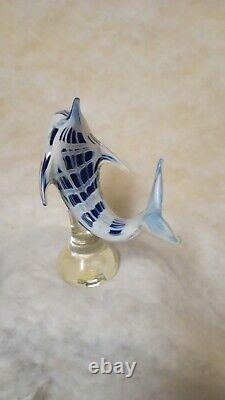 Large Art glass SHARK, Dolphin, Fish Hand Blown 11 Vintage MURANO Blue & White