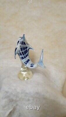 Large Art glass SHARK, Dolphin, Fish Hand Blown 11 Vintage MURANO Blue & White