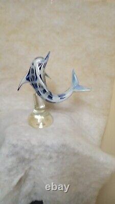 Large Art glass SHARK, Dolphin, Fish Hand Blown 11 Vintage MURANO Blue & White