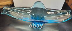 Large Blue Murano Style Hand Blown Glass Sculture Bowl Centerpiece 21L x 9W