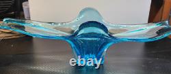 Large Blue Murano Style Hand Blown Glass Sculture Bowl Centerpiece 21L x 9W