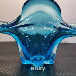 Large Blue Murano Style Hand Blown Glass Sculture Bowl Centerpiece 21L x 9W