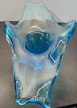 Large Blue Murano Style Hand Blown Glass Sculture Bowl Centerpiece 21L x 9W