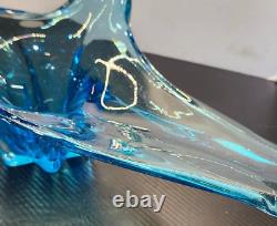 Large Blue Murano Style Hand Blown Glass Sculture Bowl Centerpiece 21L x 9W