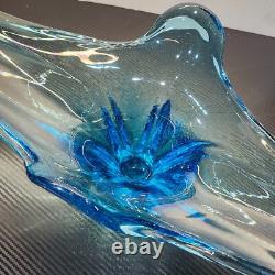 Large Blue Murano Style Hand Blown Glass Sculture Bowl Centerpiece 21L x 9W