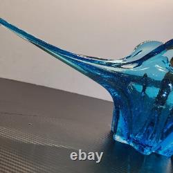 Large Blue Murano Style Hand Blown Glass Sculture Bowl Centerpiece 21L x 9W