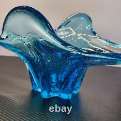 Large Blue Murano Style Hand Blown Glass Sculture Bowl Centerpiece 21L x 9W