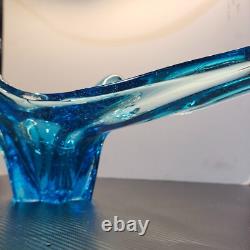 Large Blue Murano Style Hand Blown Glass Sculture Bowl Centerpiece 21L x 9W