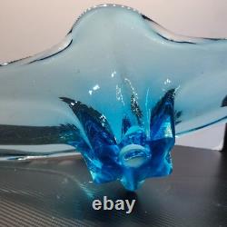 Large Blue Murano Style Hand Blown Glass Sculture Bowl Centerpiece 21L x 9W