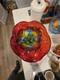 Large Hand Blown Art Glass Flower Bowl Centerpiece Red Yellow Blue Murano Style