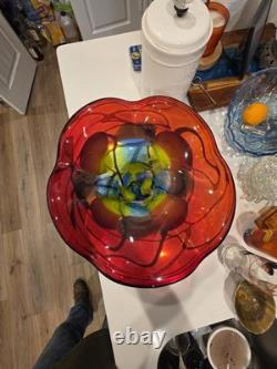Large Hand Blown Art Glass Flower Bowl Centerpiece Red Yellow Blue Murano Style