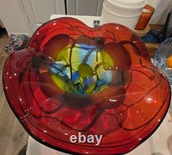 Large Hand Blown Art Glass Flower Bowl Centerpiece Red Yellow Blue Murano Style