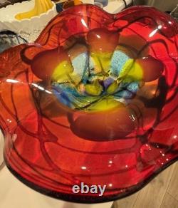 Large Hand Blown Art Glass Flower Bowl Centerpiece Red Yellow Blue Murano Style