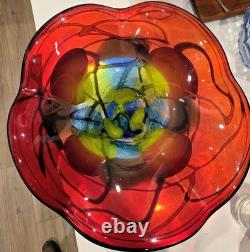 Large Hand Blown Art Glass Flower Bowl Centerpiece Red Yellow Blue Murano Style