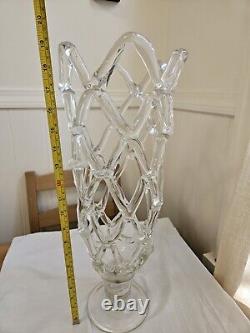 Large Hand Blown Glass Lattice Vase Footed Woven Murano Style Heavy Beautiful