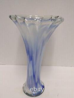 Large Hand Blown Italian Art Glass Vase Murano Blue And White Thick Glass Decor