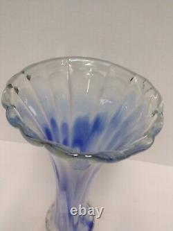 Large Hand Blown Italian Art Glass Vase Murano Blue And White Thick Glass Decor