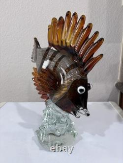 Large Hand-Blown Murano Style Art Glass Multicolor Angle Fish Statue 14x11