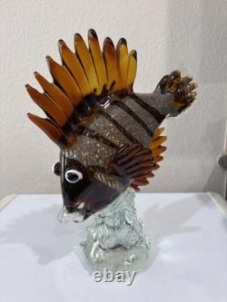 Large Hand-Blown Murano Style Art Glass Multicolor Angle Fish Statue 14x11