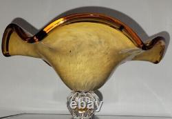 Large Hand Blown Murano Style Glass Art Footed Bowl Orange Black Cheetah