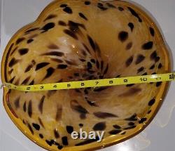 Large Hand Blown Murano Style Glass Art Footed Bowl Orange Black Cheetah