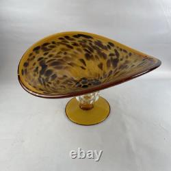 Large Hand Blown Murano Style Glass Art Footed Fruit Bowl Orange Black Cheetah