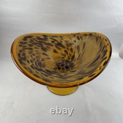 Large Hand Blown Murano Style Glass Art Footed Fruit Bowl Orange Black Cheetah