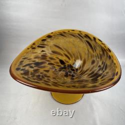 Large Hand Blown Murano Style Glass Art Footed Fruit Bowl Orange Black Cheetah