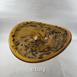 Large Hand Blown Murano Style Glass Art Footed Fruit Bowl Orange Black Cheetah