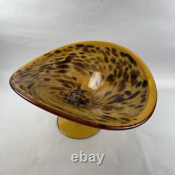 Large Hand Blown Murano Style Glass Art Footed Fruit Bowl Orange Black Cheetah