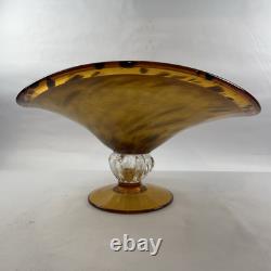 Large Hand Blown Murano Style Glass Art Footed Fruit Bowl Orange Black Cheetah