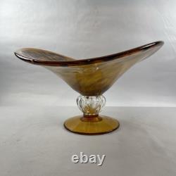 Large Hand Blown Murano Style Glass Art Footed Fruit Bowl Orange Black Cheetah
