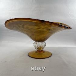 Large Hand Blown Murano Style Glass Art Footed Fruit Bowl Orange Black Cheetah
