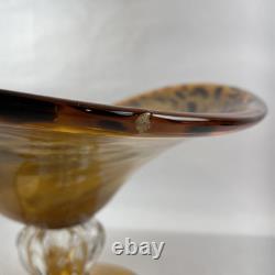 Large Hand Blown Murano Style Glass Art Footed Fruit Bowl Orange Black Cheetah
