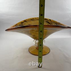 Large Hand Blown Murano Style Glass Art Footed Fruit Bowl Orange Black Cheetah