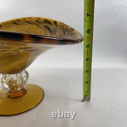 Large Hand Blown Murano Style Glass Art Footed Fruit Bowl Orange Black Cheetah