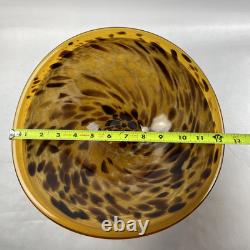 Large Hand Blown Murano Style Glass Art Footed Fruit Bowl Orange Black Cheetah