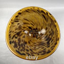 Large Hand Blown Murano Style Glass Art Footed Fruit Bowl Orange Black Cheetah
