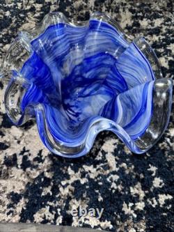 Large MURANO Art Glass Bowl Cobalt Blue Clear Handkerchief Italy Hand Blown Vtg