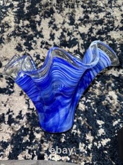 Large MURANO Art Glass Bowl Cobalt Blue Clear Handkerchief Italy Hand Blown Vtg
